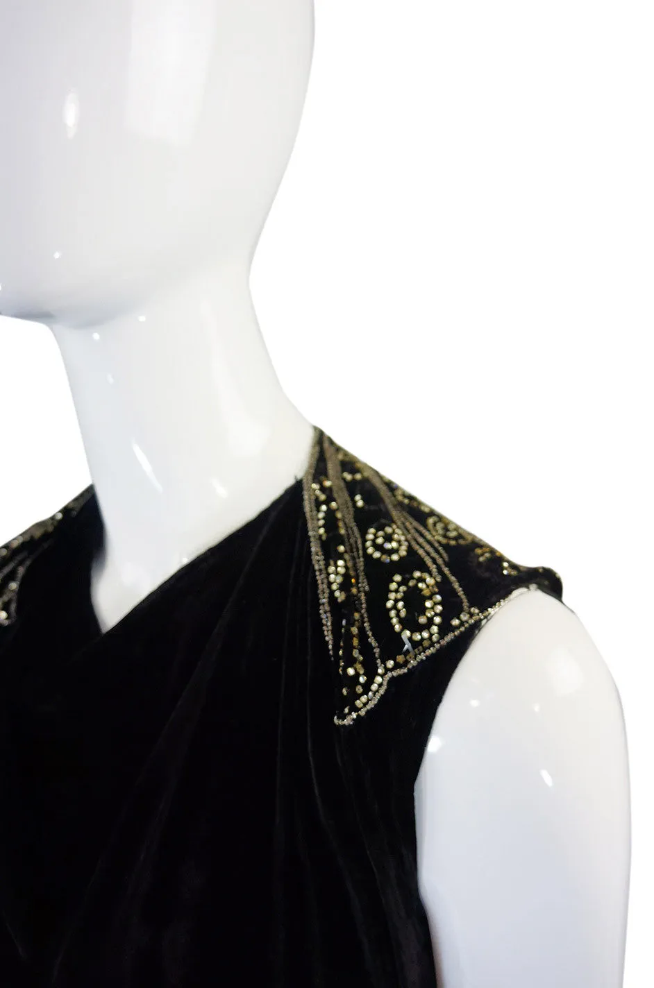 1920s Plunge Back Silk Velvet Bead Gown