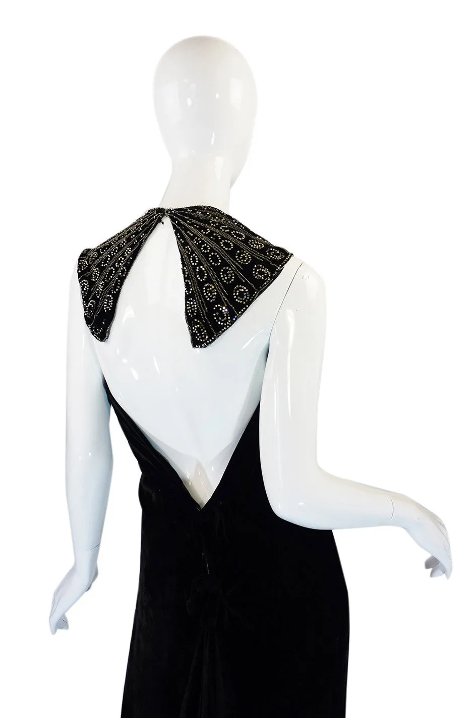 1920s Plunge Back Silk Velvet Bead Gown