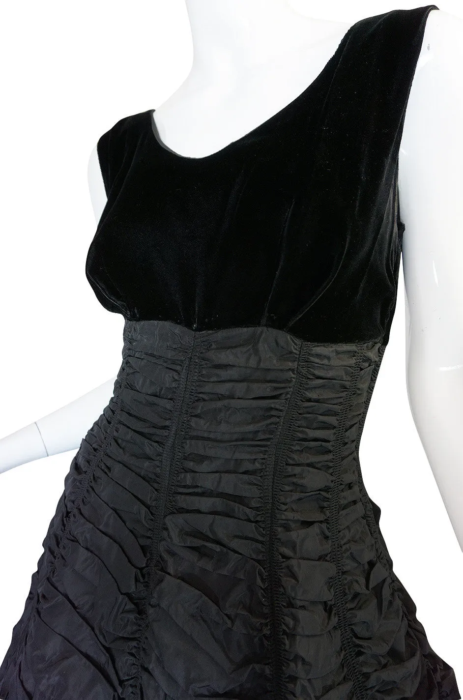 1950s Black Silk Taffeta & Velvet "Coffin Drape" Dress