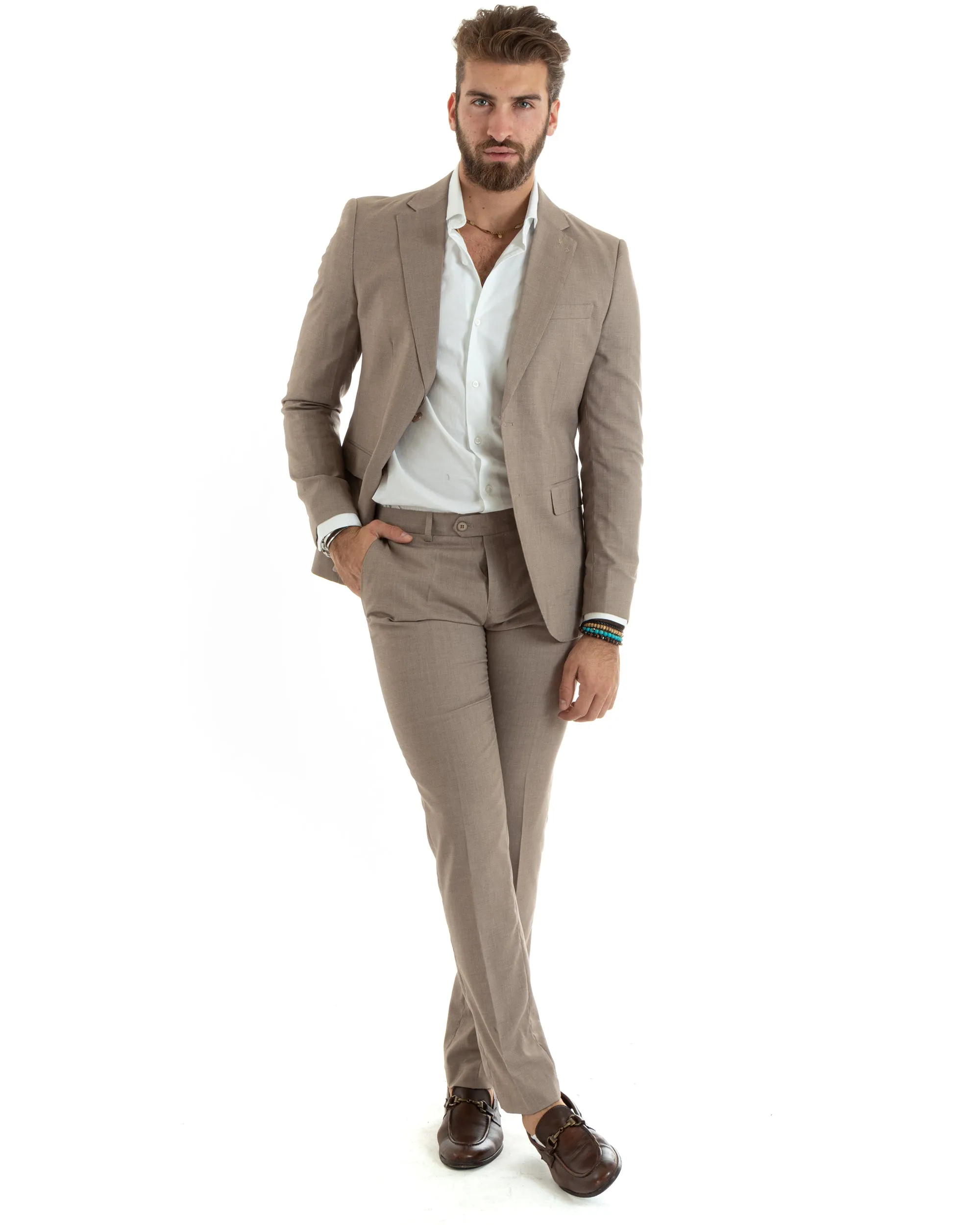 Abito Uomo Monopetto Vestito Completo Giacca Pantaloni Beige Elegante Casual GIOSAL-OU2432A