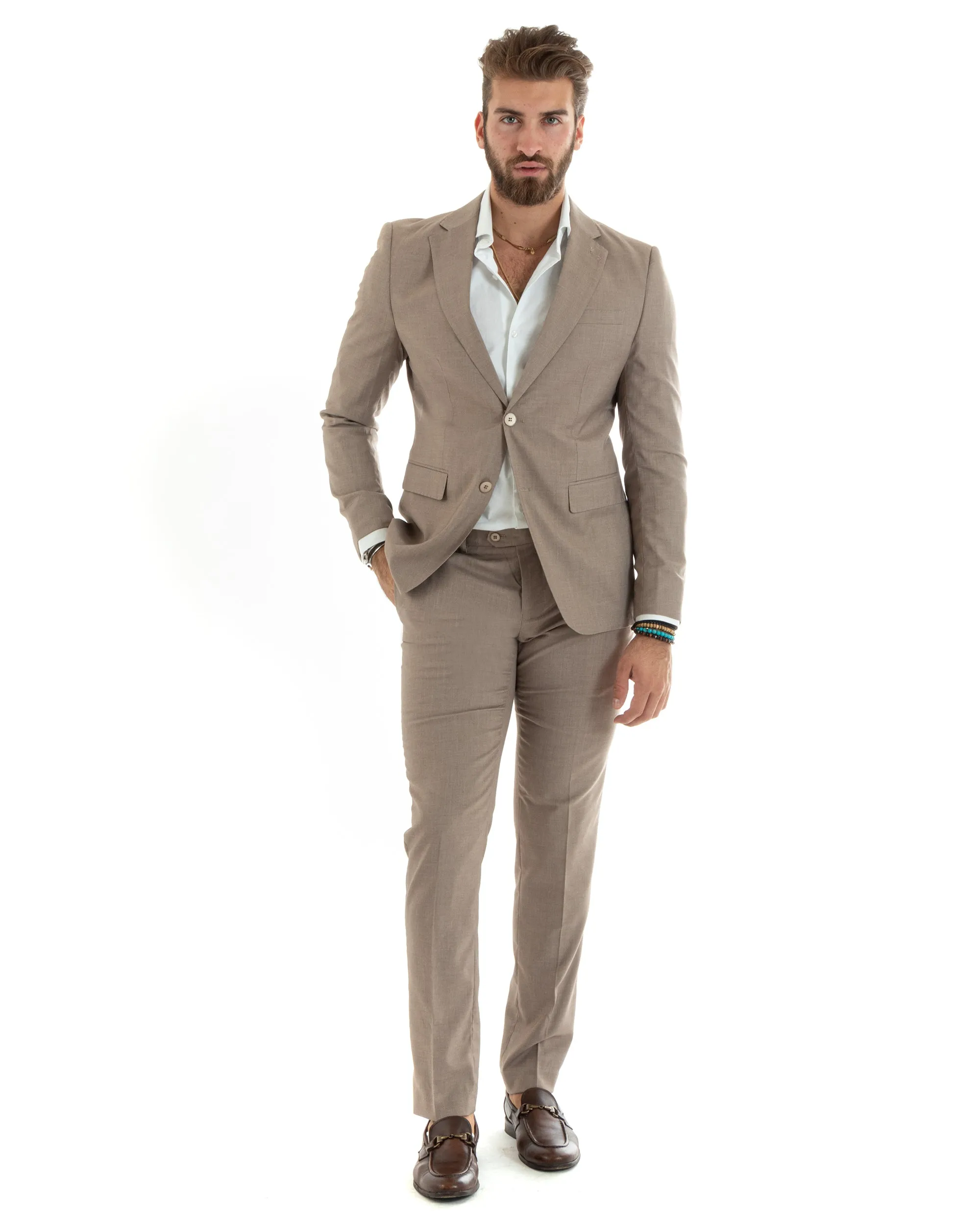 Abito Uomo Monopetto Vestito Completo Giacca Pantaloni Beige Elegante Casual GIOSAL-OU2432A