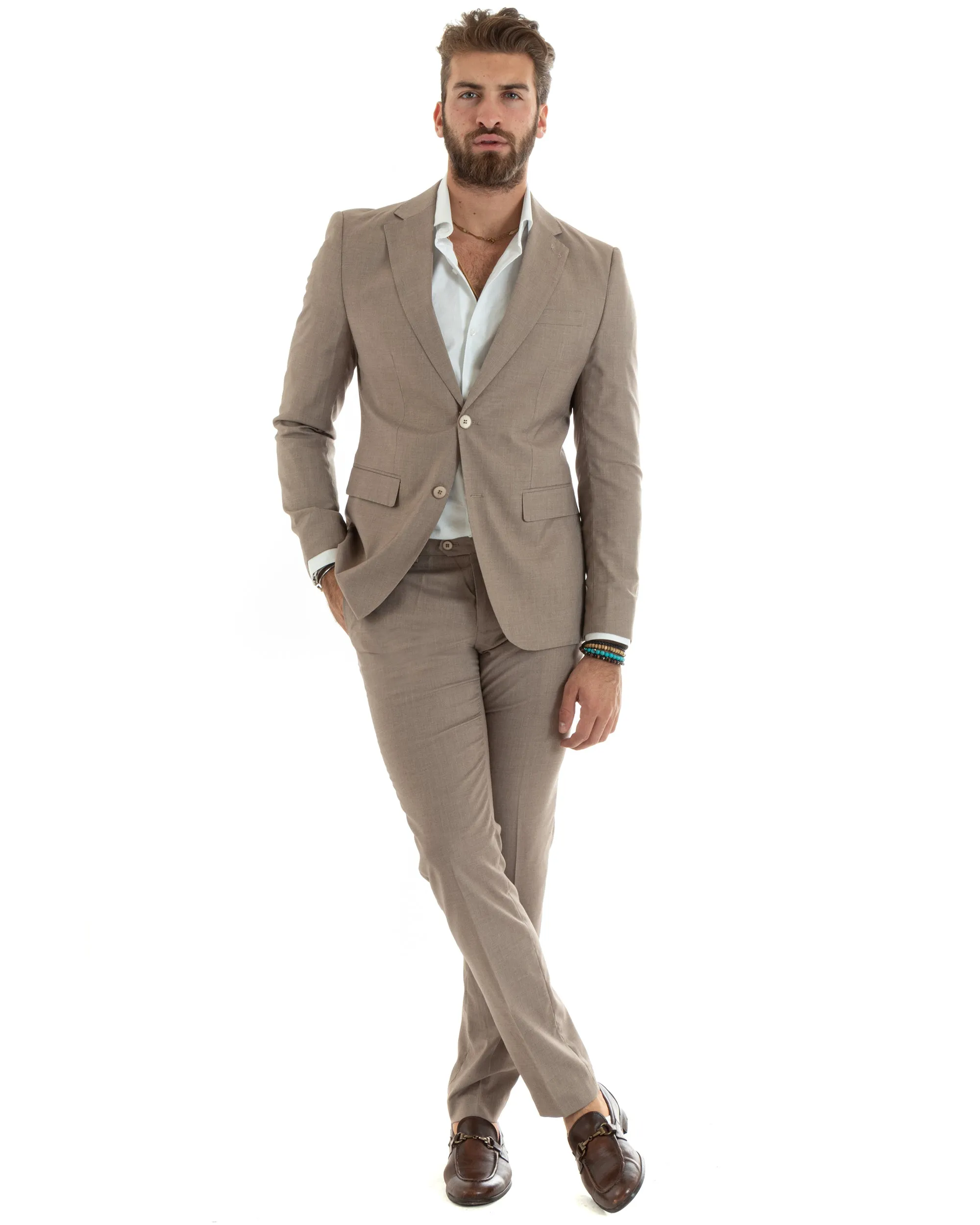 Abito Uomo Monopetto Vestito Completo Giacca Pantaloni Beige Elegante Casual GIOSAL-OU2432A