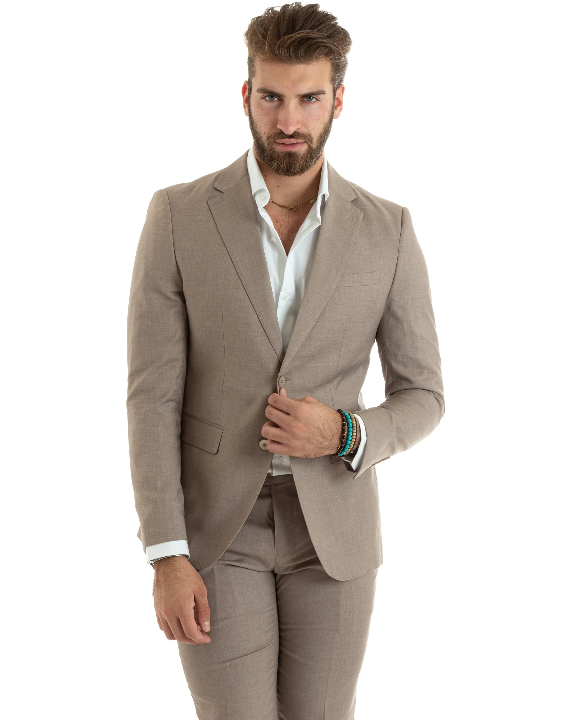 Abito Uomo Monopetto Vestito Completo Giacca Pantaloni Beige Elegante Casual GIOSAL-OU2432A