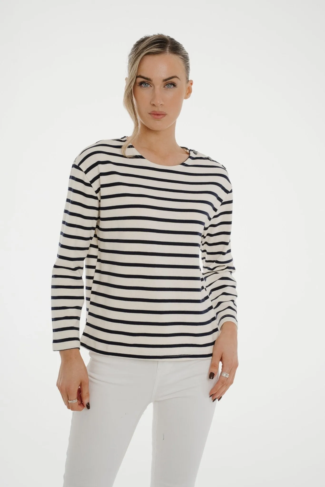 Ally Button Shoulder Top In Navy