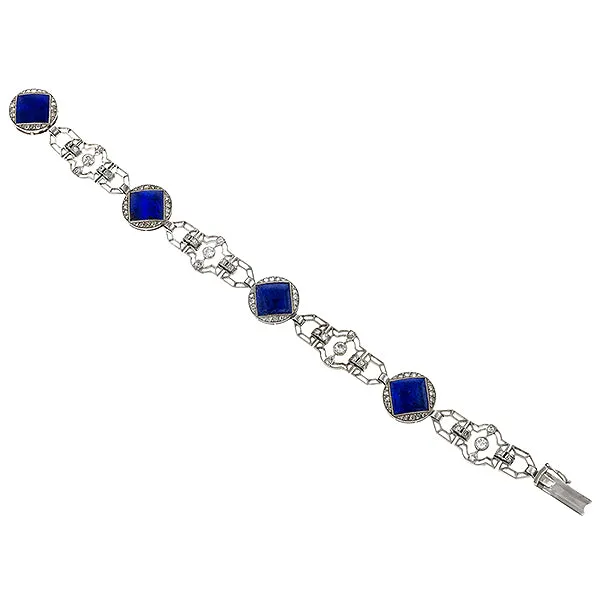 Art Deco Lapis & Diamond Bracelet