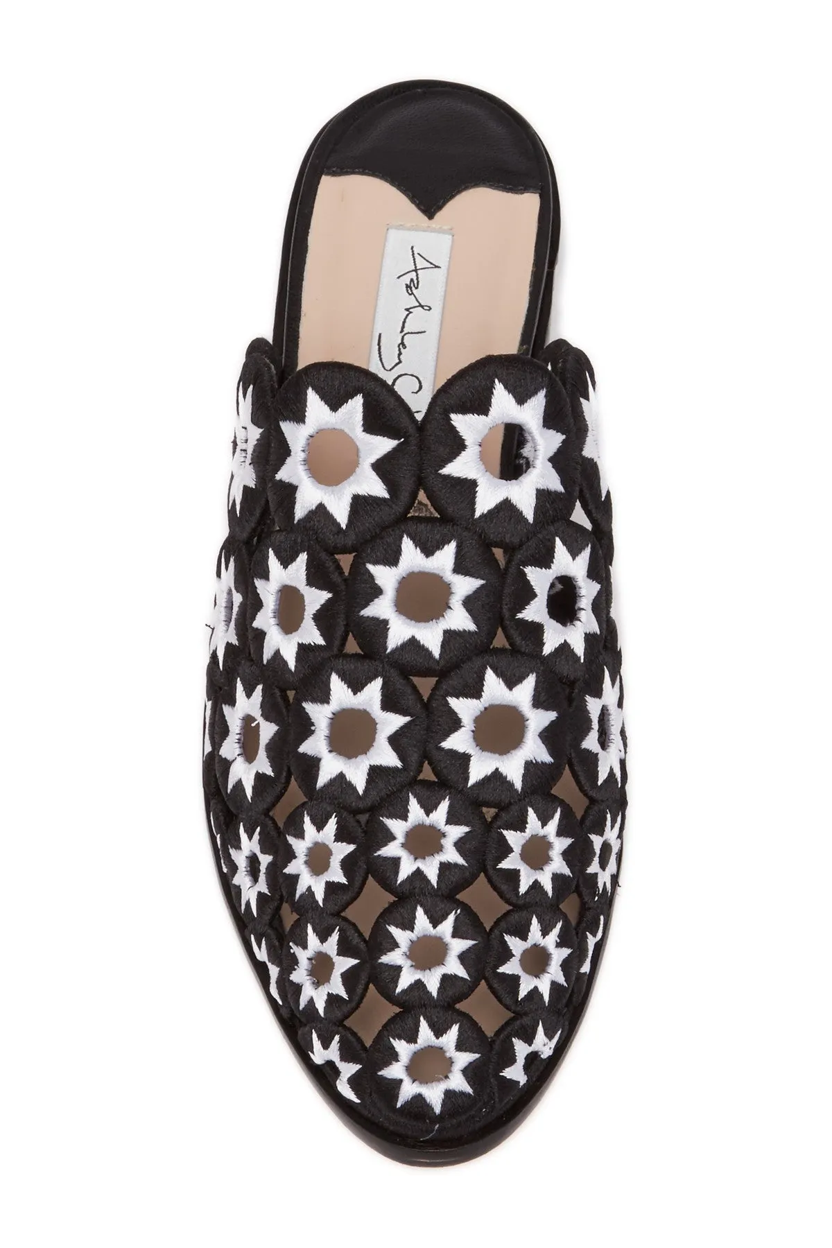 Ashley Cole Mia Black/White Mule Slide Flat Embroidered Star Slip-On Sandal