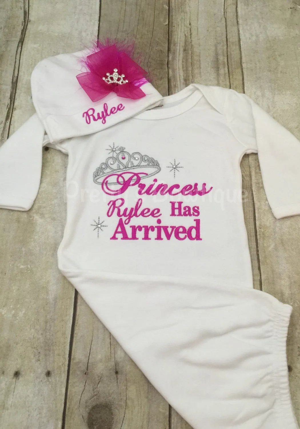 Baby Girl Coming Home Outfit -- The Princess Has Arrived Embroidery Design Gown & Hat Set