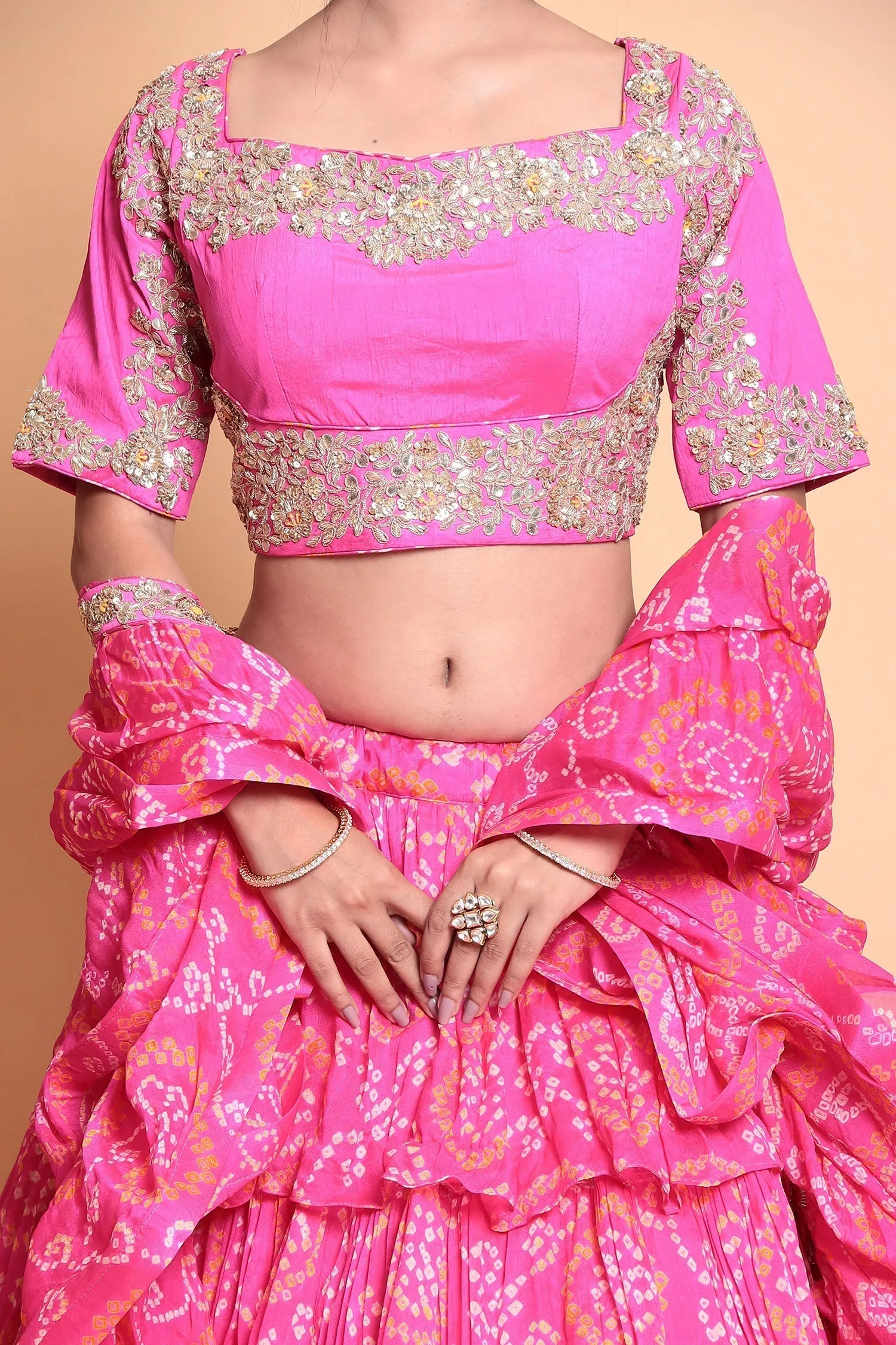 Bandhej Georgette Lehenga with Gota Patti work.