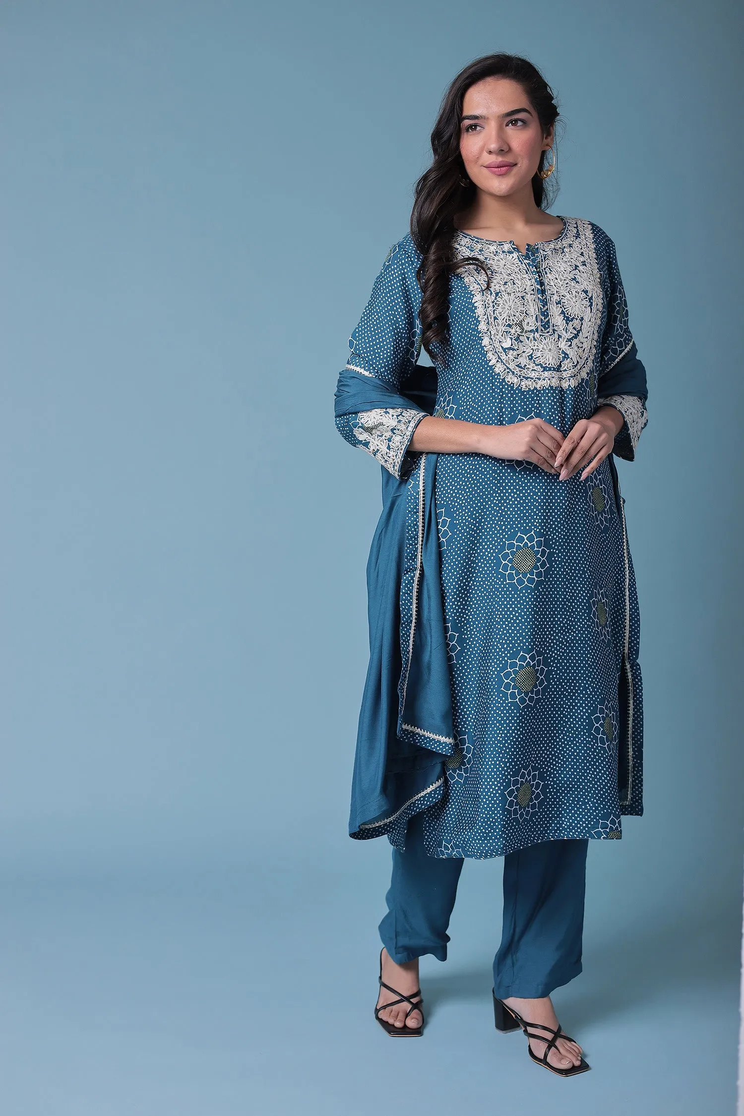 Bandhej Satin Silk Suit with Embroidered work