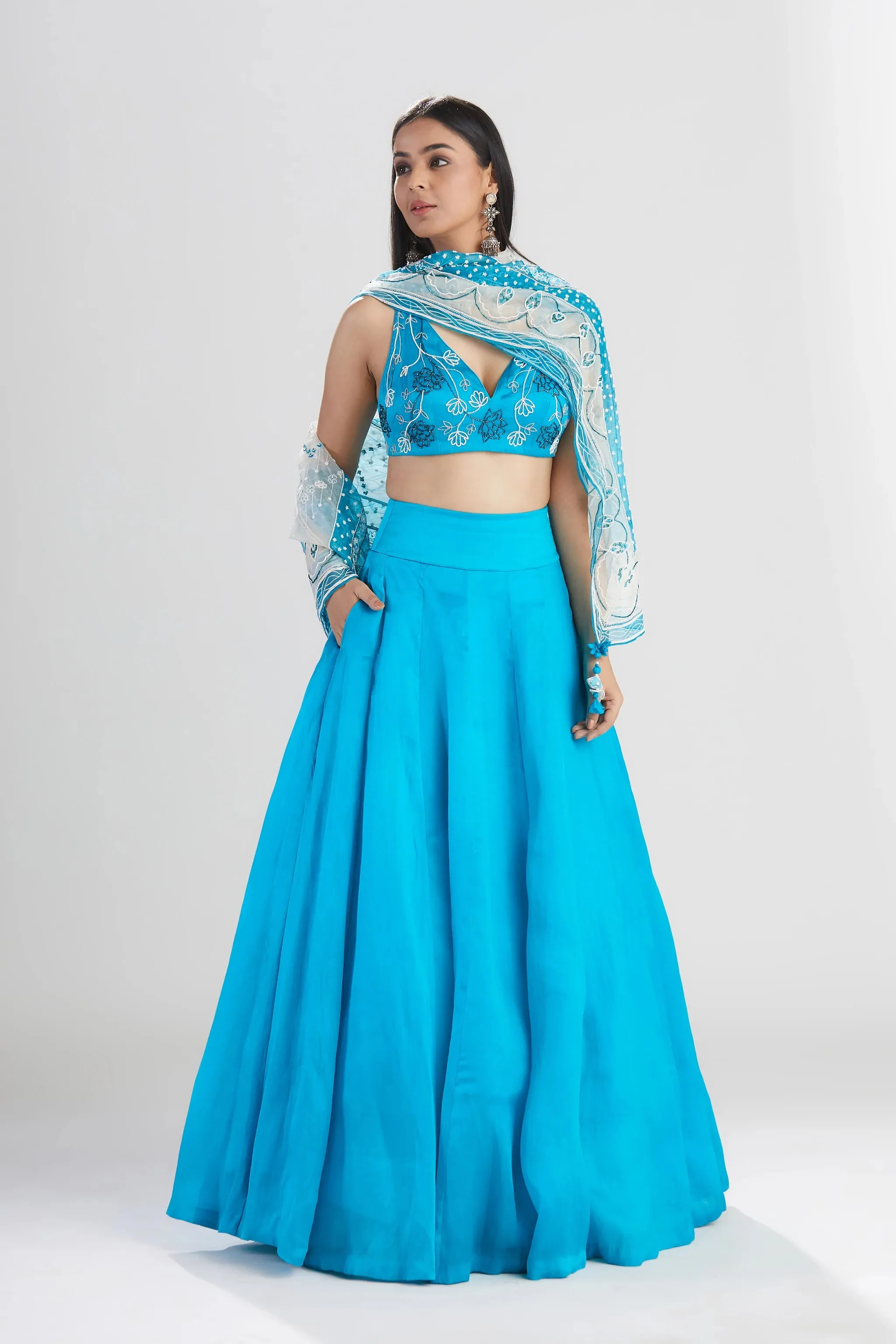 Blue Silk Lehenga with Scarf