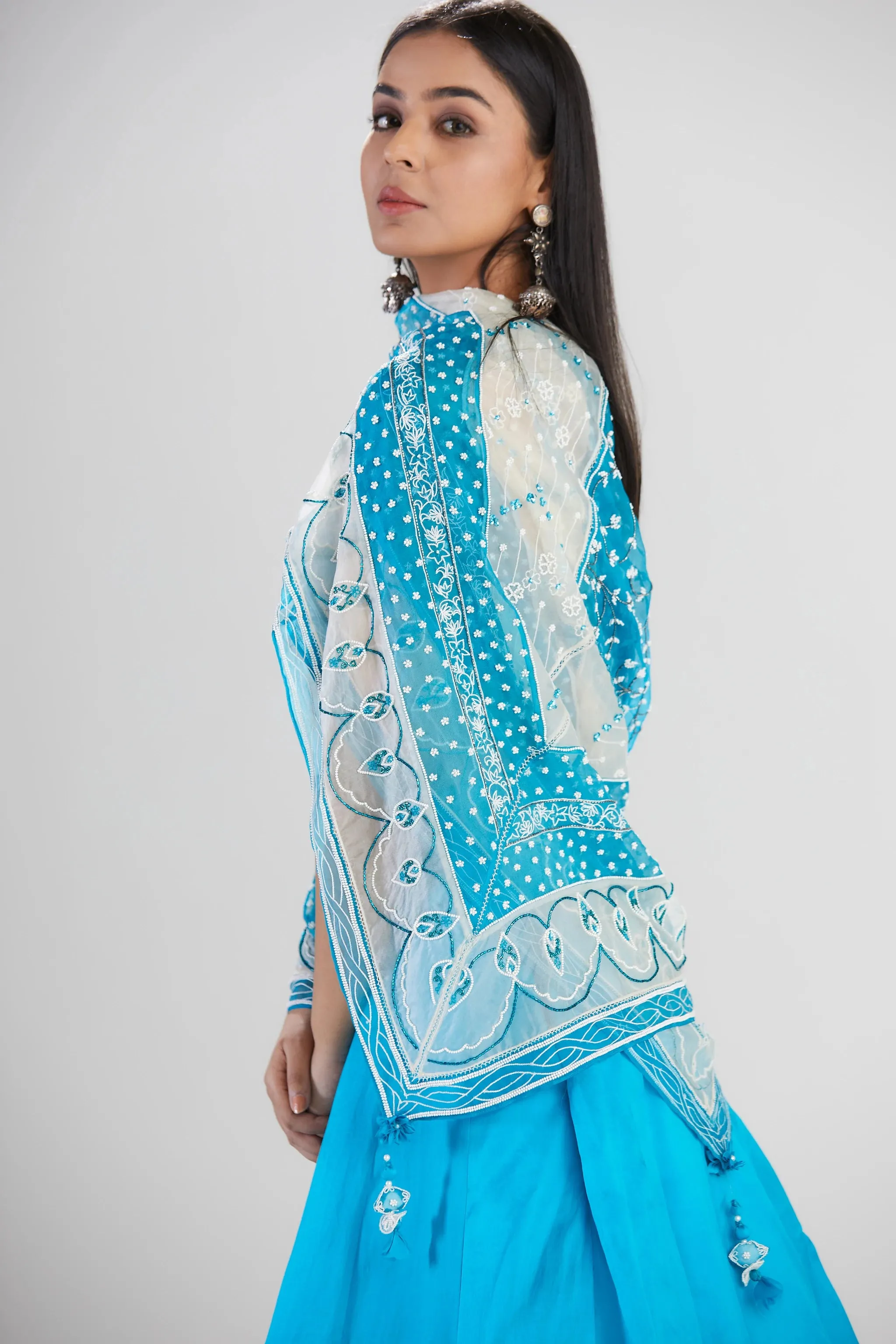 Blue Silk Lehenga with Scarf