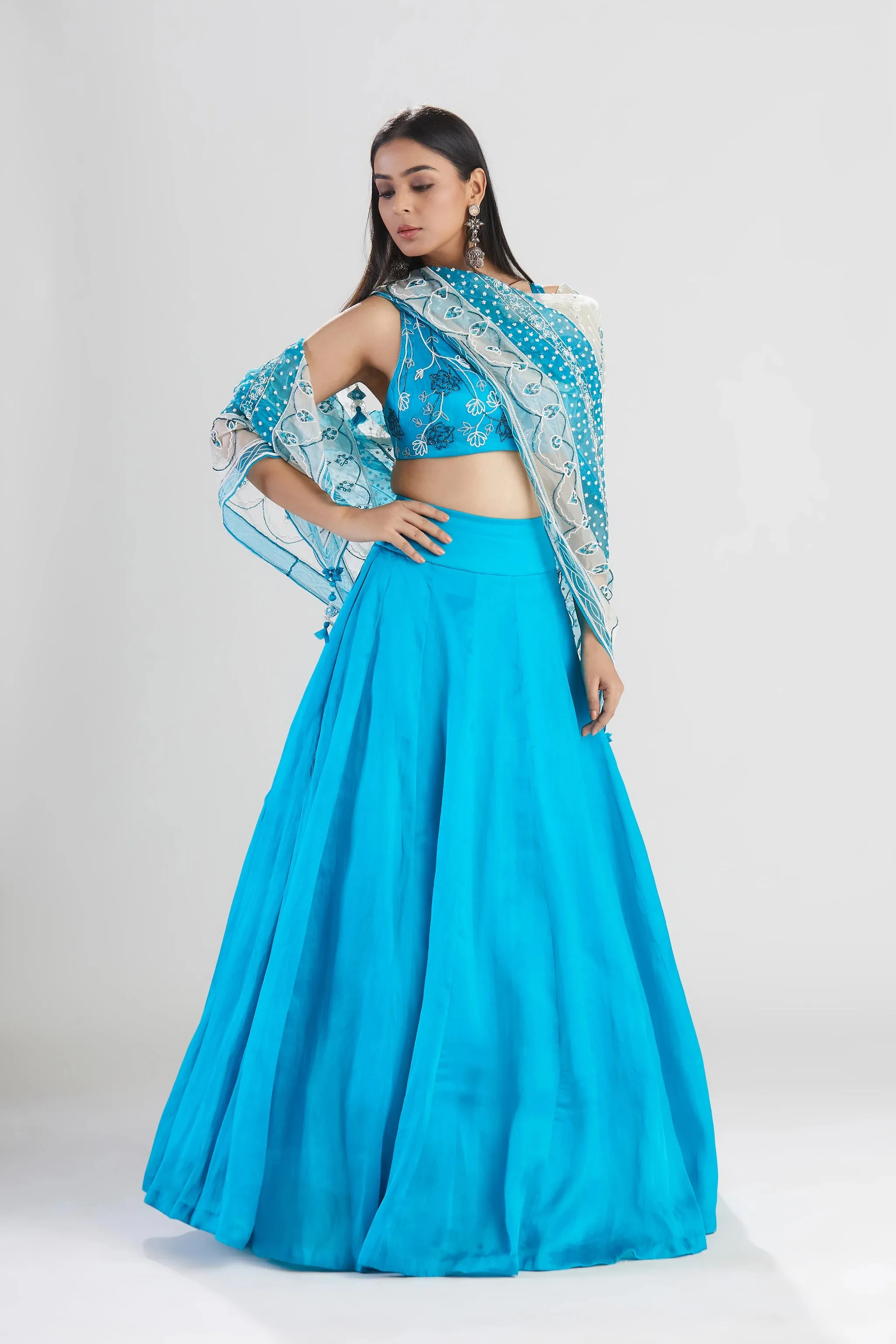 Blue Silk Lehenga with Scarf