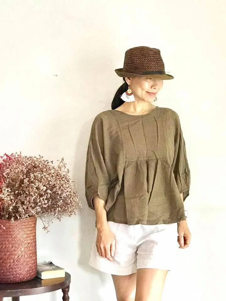 Brown Raw Natural Cotton Gauze Blouse