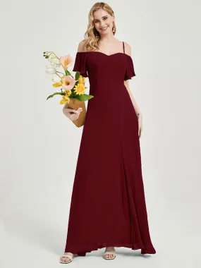 Burgundy Spaghetti Straps Split A-Line Maxi Chiffon Bridesmaid Dress