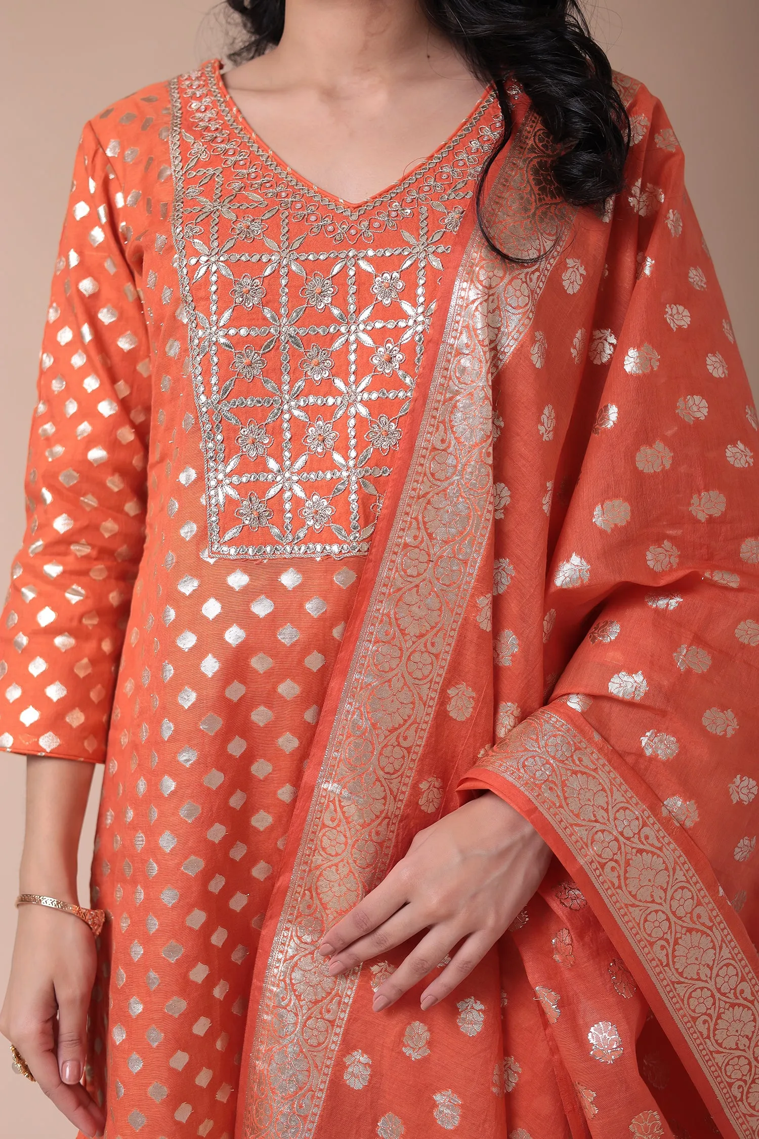 Chanderi Straight Suit with Dori and Embroidered work