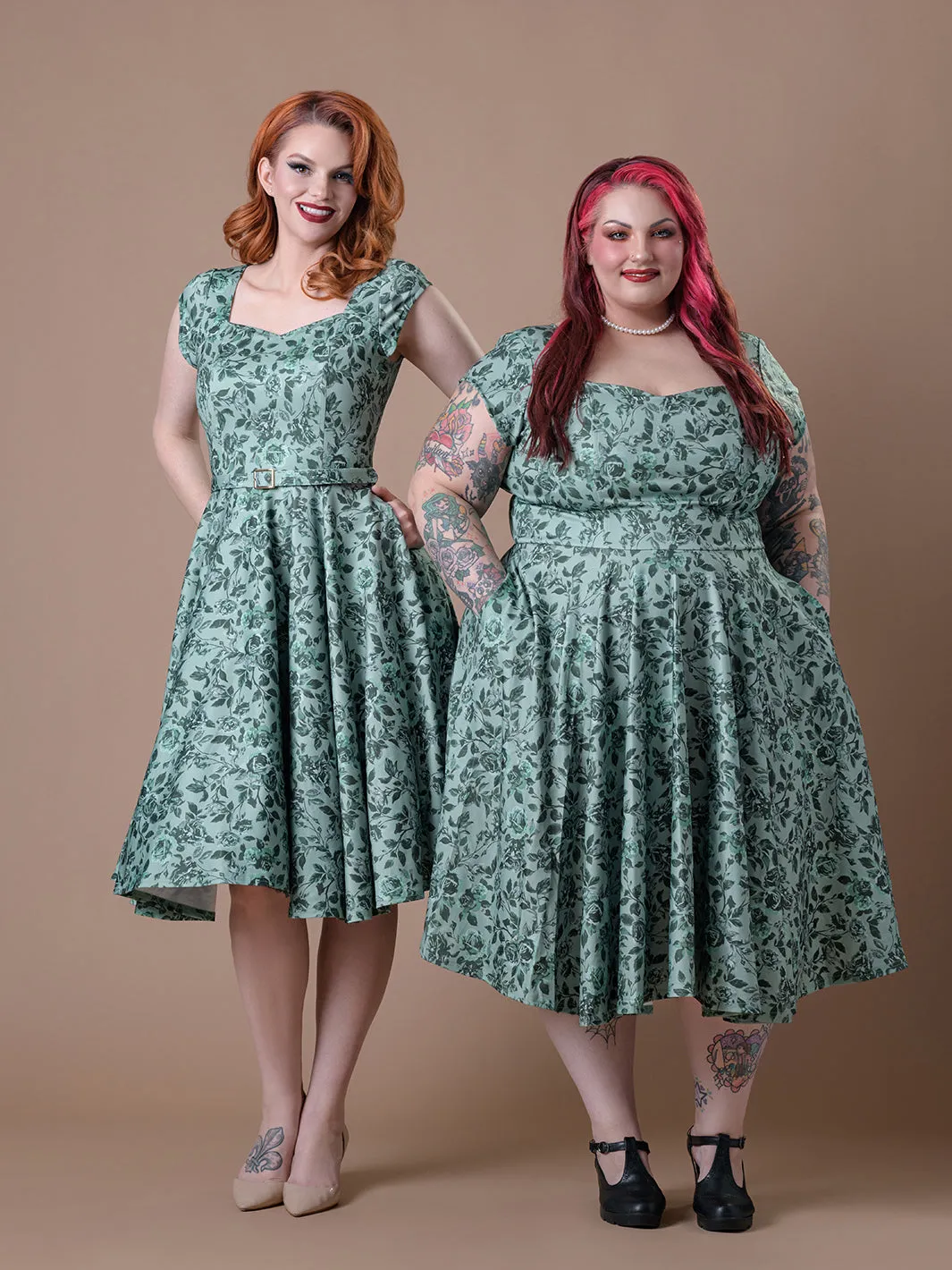 Cosmopolitan Swing Dress- Vintage Green Floral