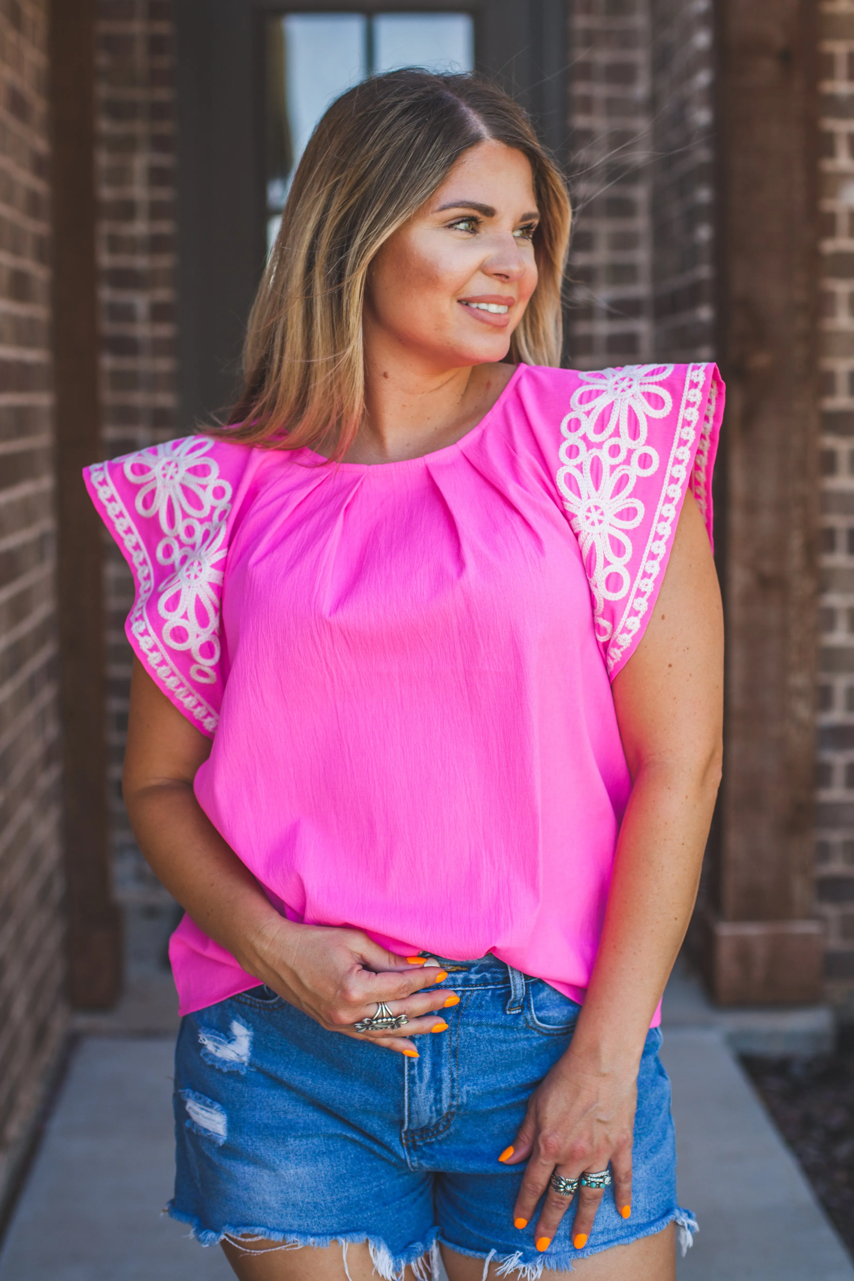 Embroidered Sleeve Top in Pink