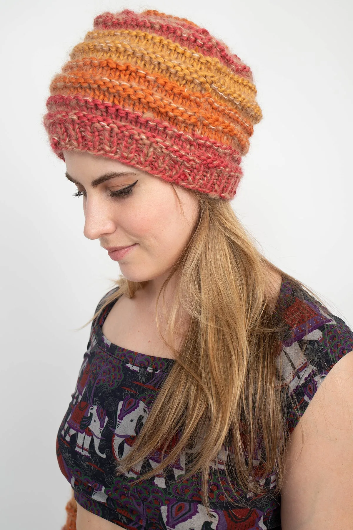 Faux Mohair Striped Slouchy Beanie