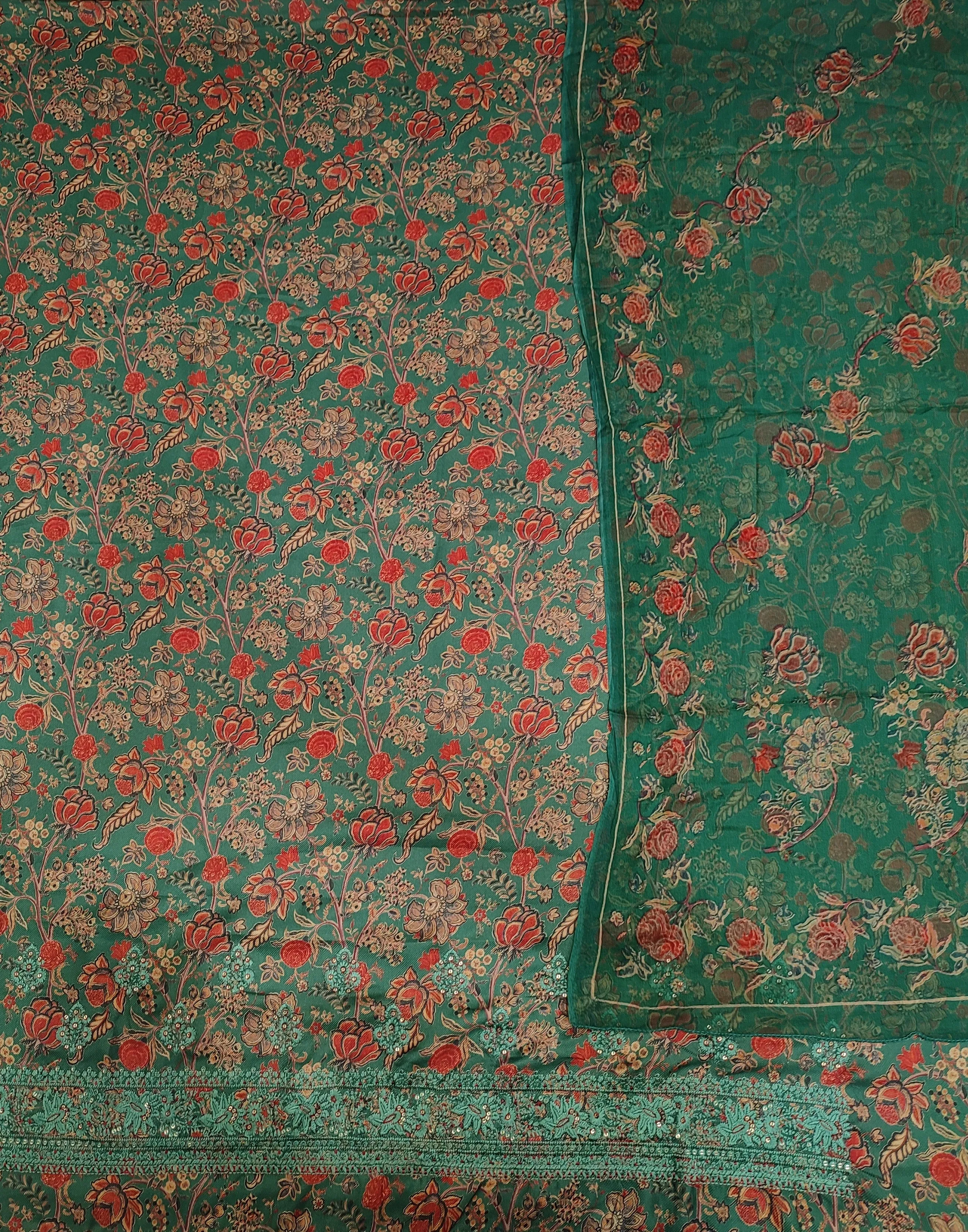 Floral Green Pashmina Unstitched Suit With Thread Embroidery