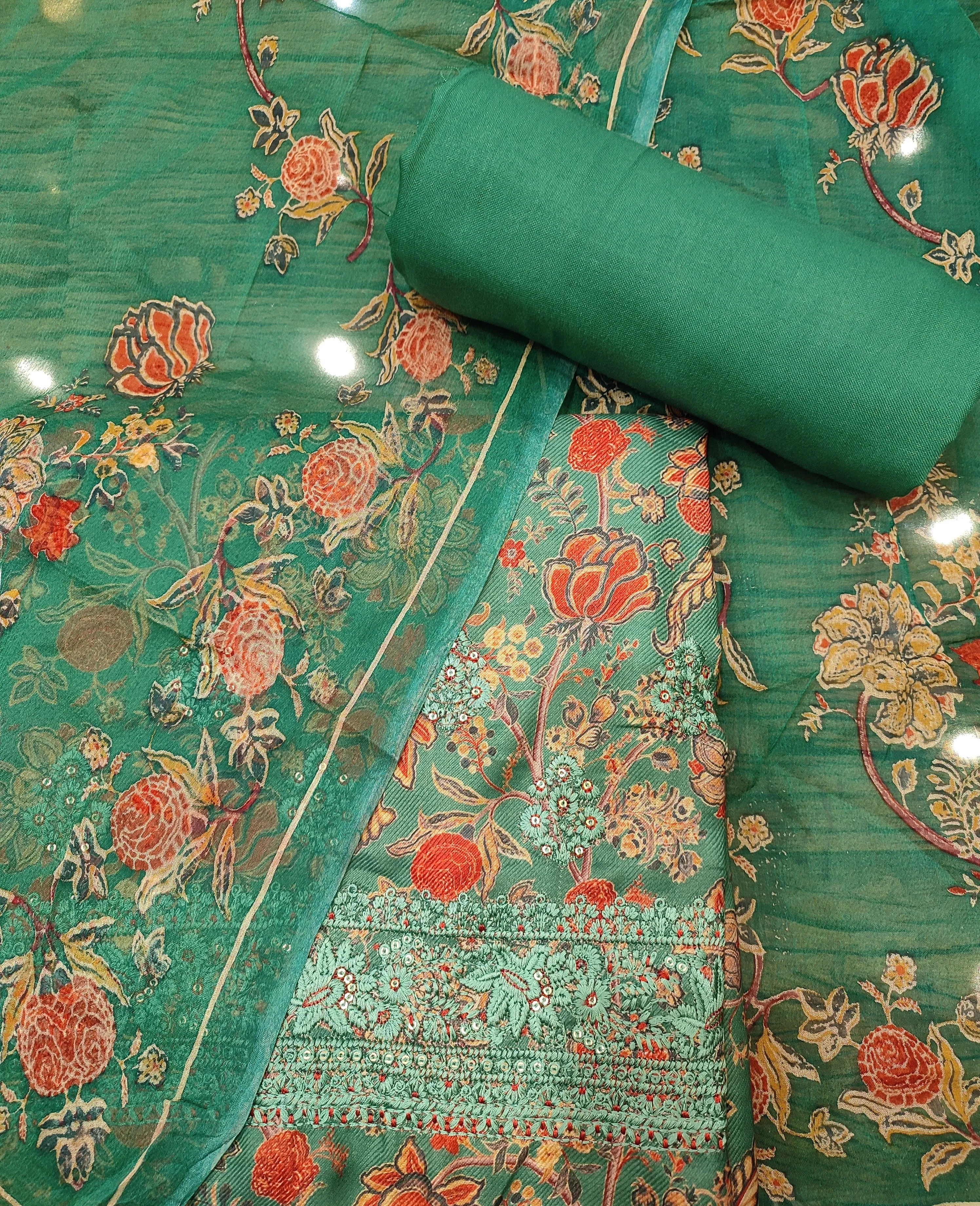 Floral Green Pashmina Unstitched Suit With Thread Embroidery