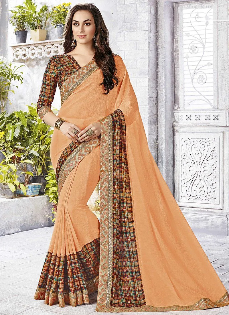 Floral Print Sarees - Peach