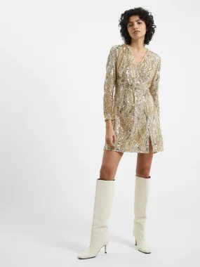 French Connection Deniz Embellished LS Mini Dress-Cement Gold-71VGU de