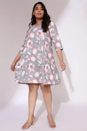 Grey Floral Canvas Printed Dress