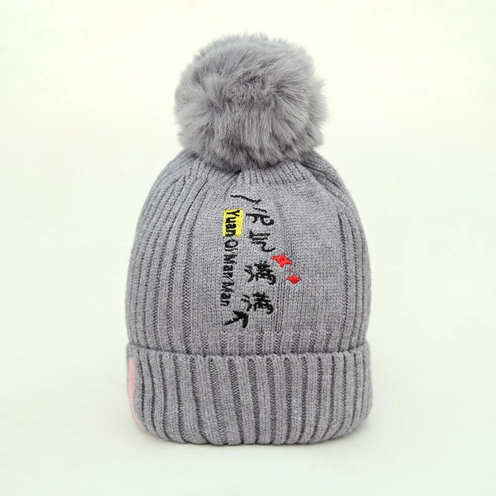 Kids Wool Soft Premium Quality Embroidered Knitted Fur Lined Stretch Caps