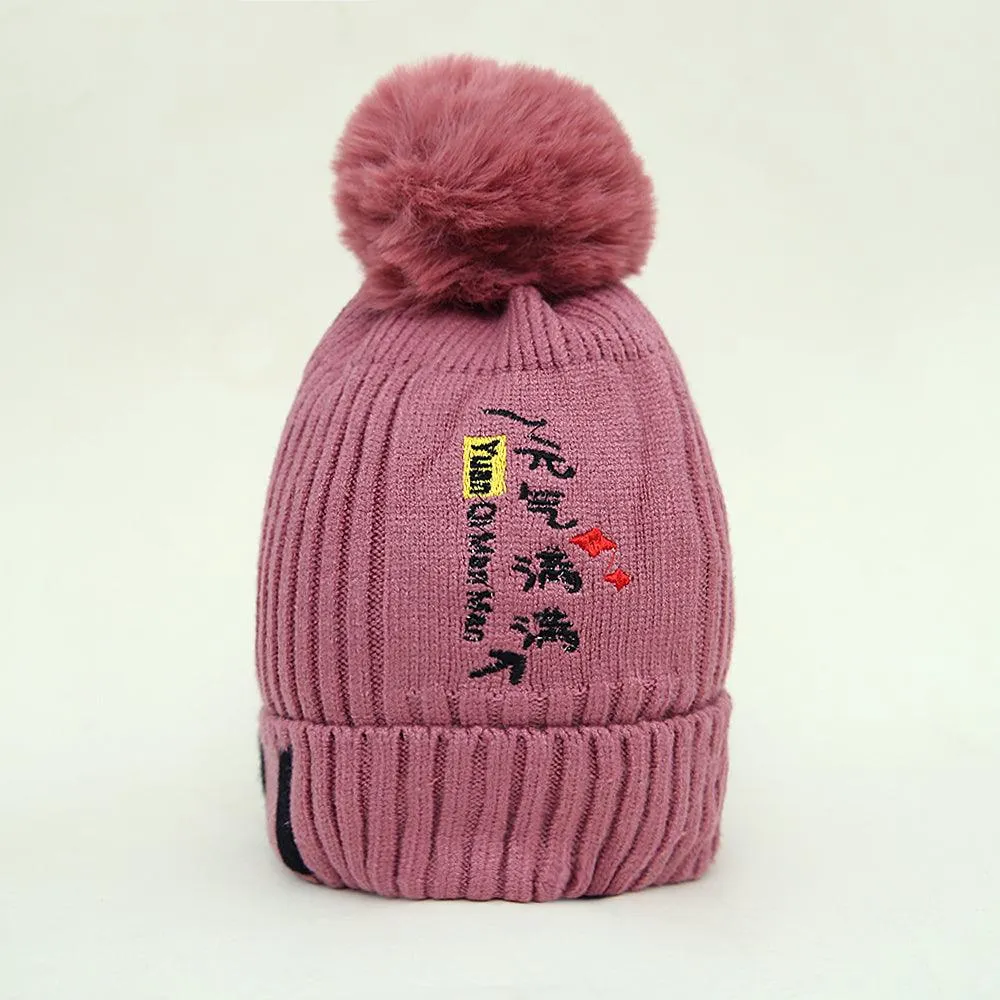 Kids Wool Soft Premium Quality Embroidered Knitted Fur Lined Stretch Caps