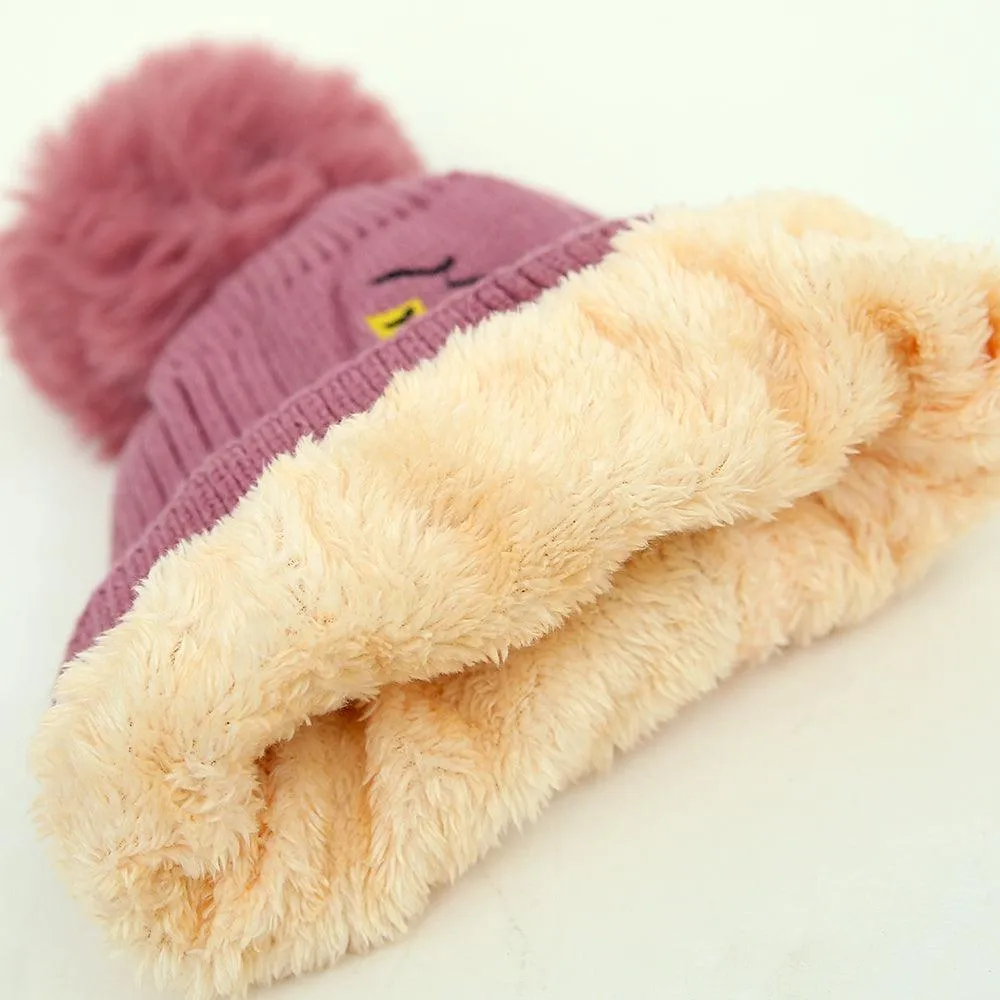 Kids Wool Soft Premium Quality Embroidered Knitted Fur Lined Stretch Caps