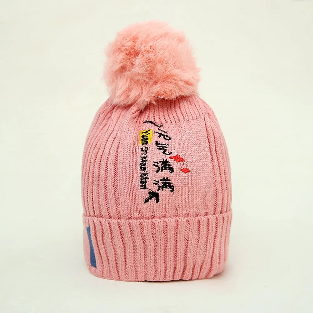 Kids Wool Soft Premium Quality Embroidered Knitted Fur Lined Stretch Caps