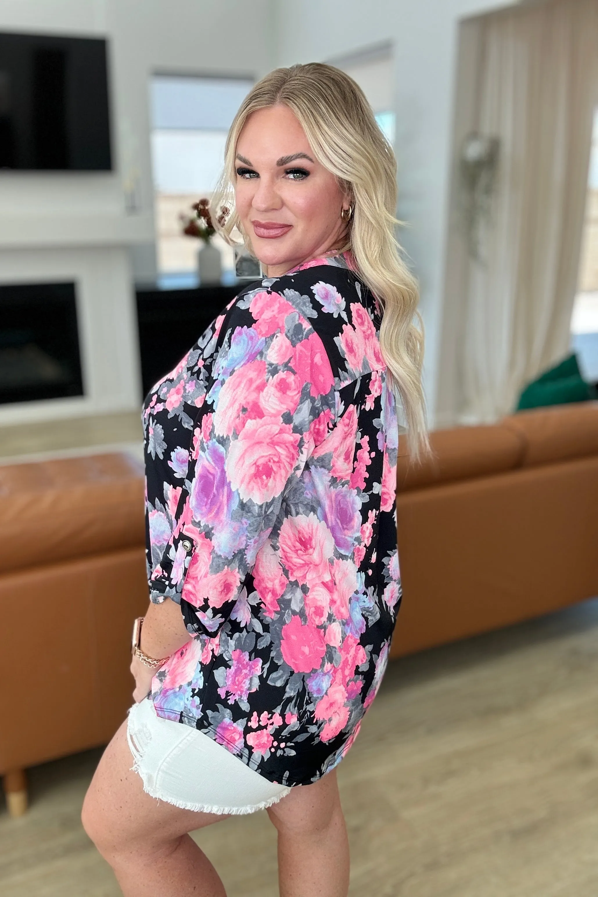 Lizzy Top in Black and Dusty Pink Floral - 4/19