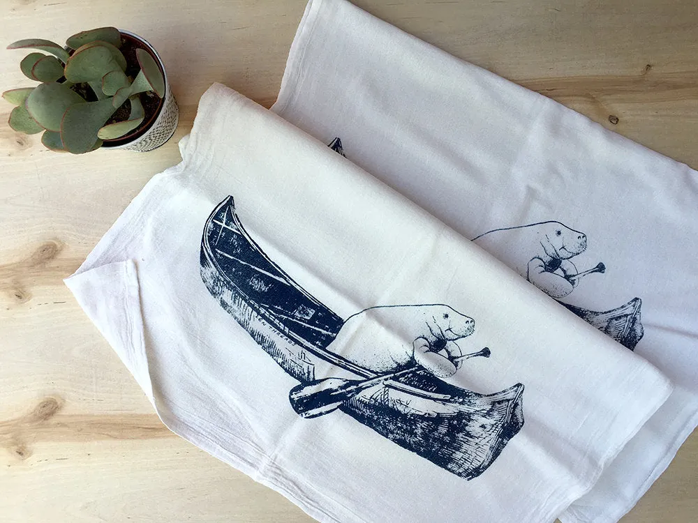 Manatee Canoe Flour Sack Kitchen Towels - Set of 2, Natural Cotton, Large 28x33" Towels