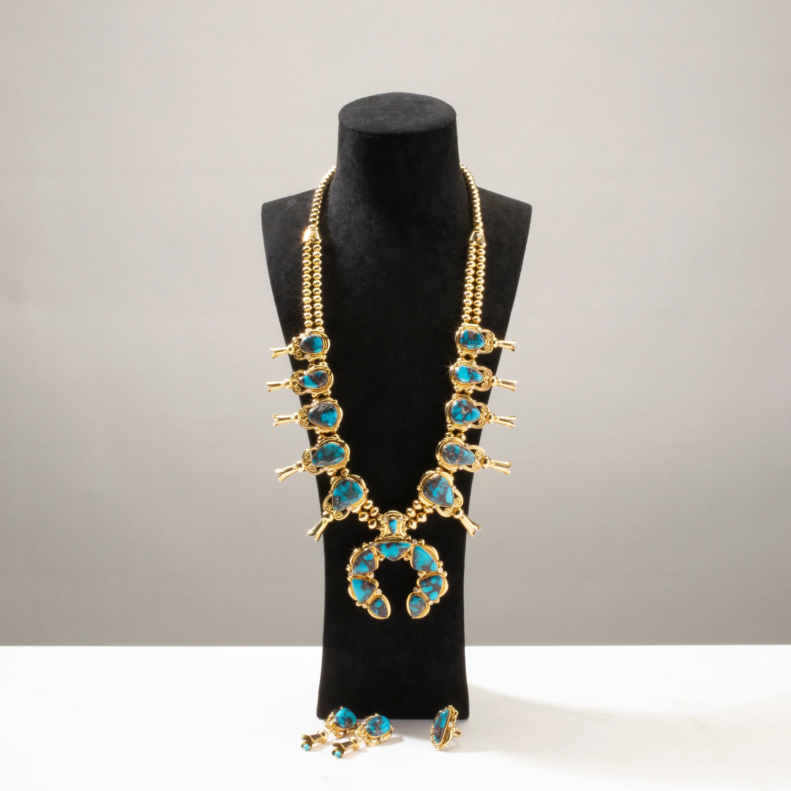 Mona Van Riper Bisbee Turquoise Squash Blossom Set with 22 oz 18k Gold & VVS Diamonds