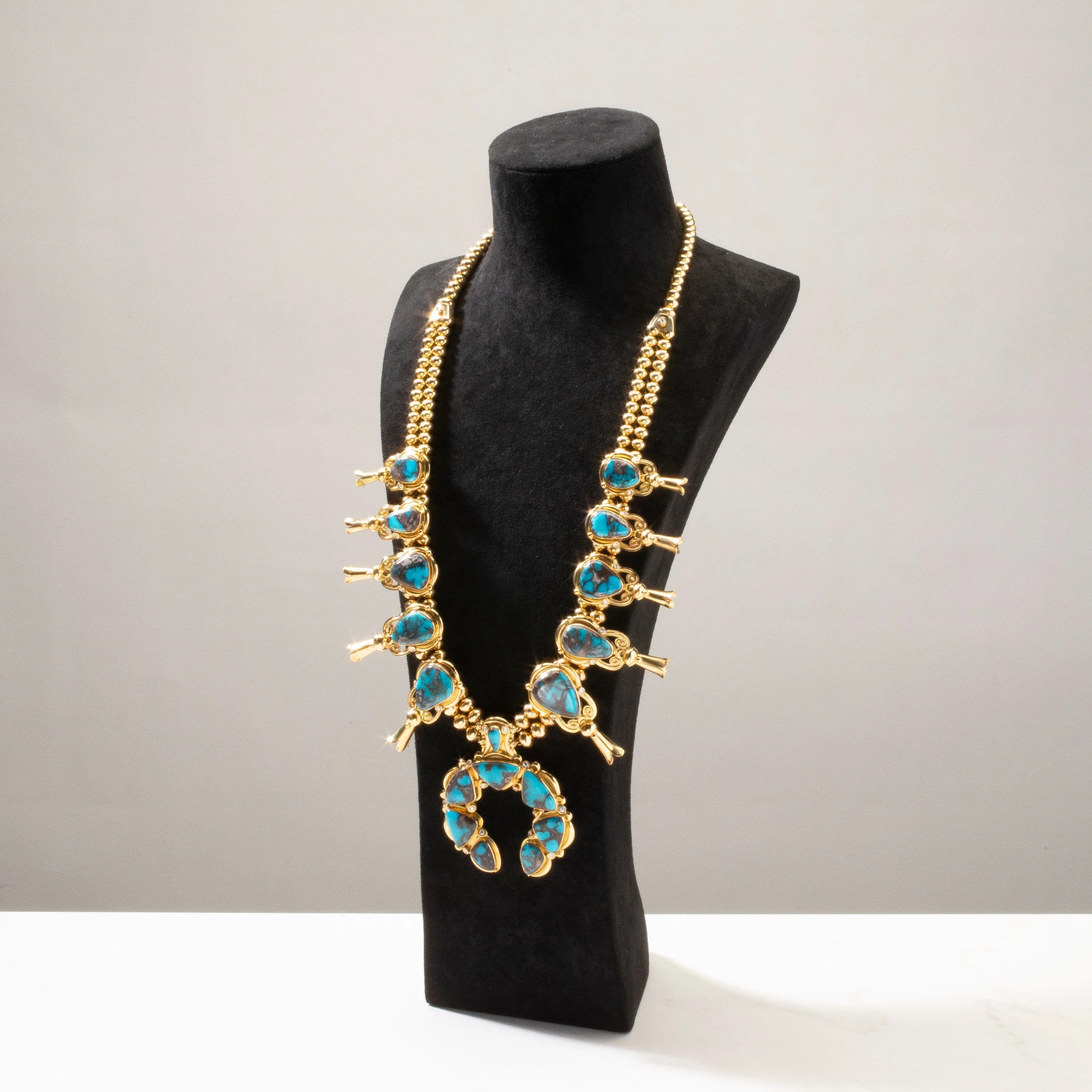 Mona Van Riper Bisbee Turquoise Squash Blossom Set with 22 oz 18k Gold & VVS Diamonds