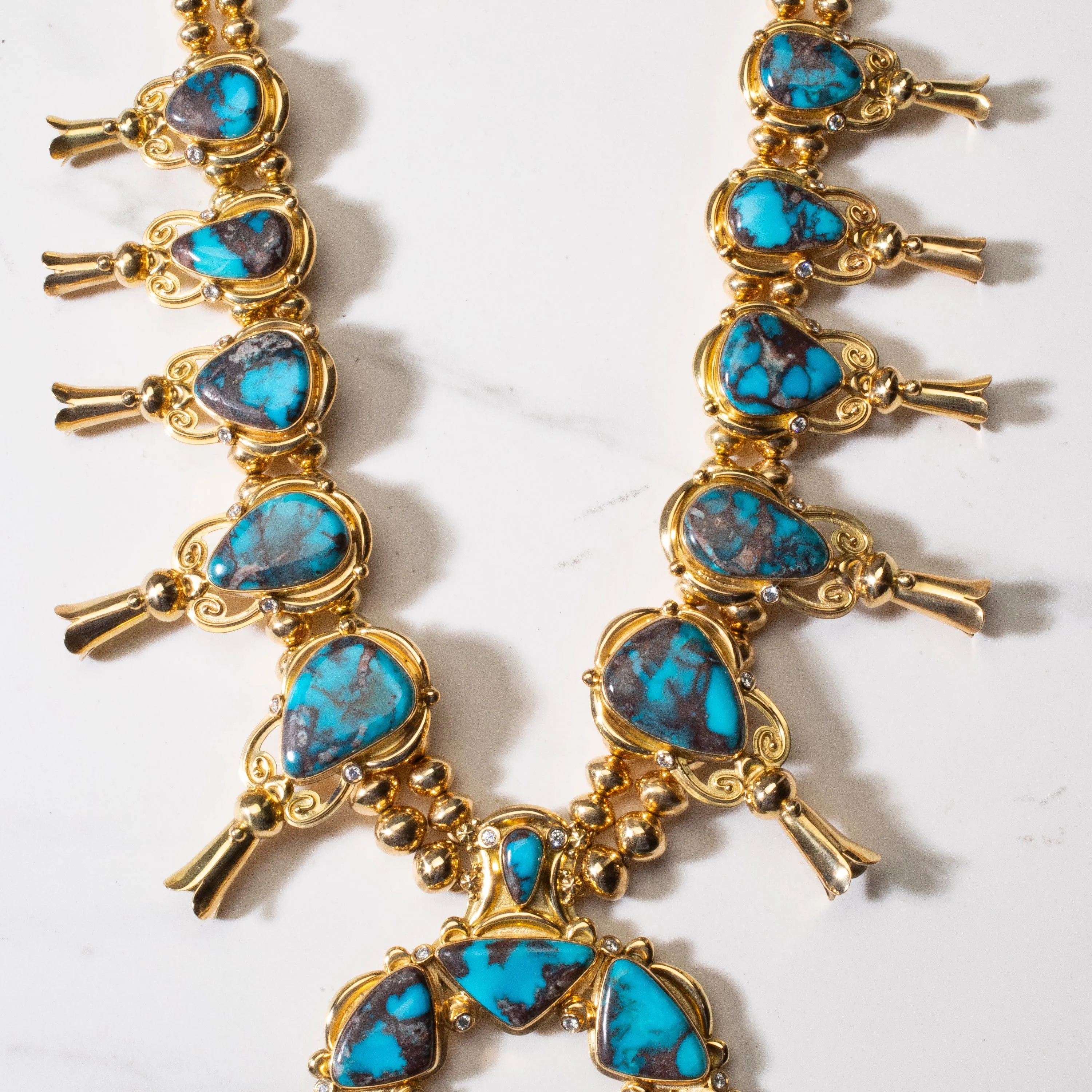 Mona Van Riper Bisbee Turquoise Squash Blossom Set with 22 oz 18k Gold & VVS Diamonds