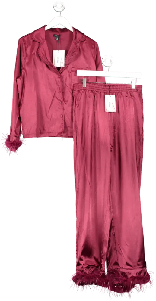 Nasty Gal Red Satin Feather Pajama Shirt & Pants Set UK 12