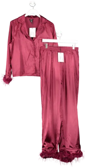 Nasty Gal Red Satin Feather Pajama Shirt & Pants Set UK 12