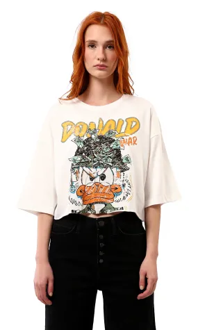 O181685 Donald Print Off-White Tee With Crew Neck