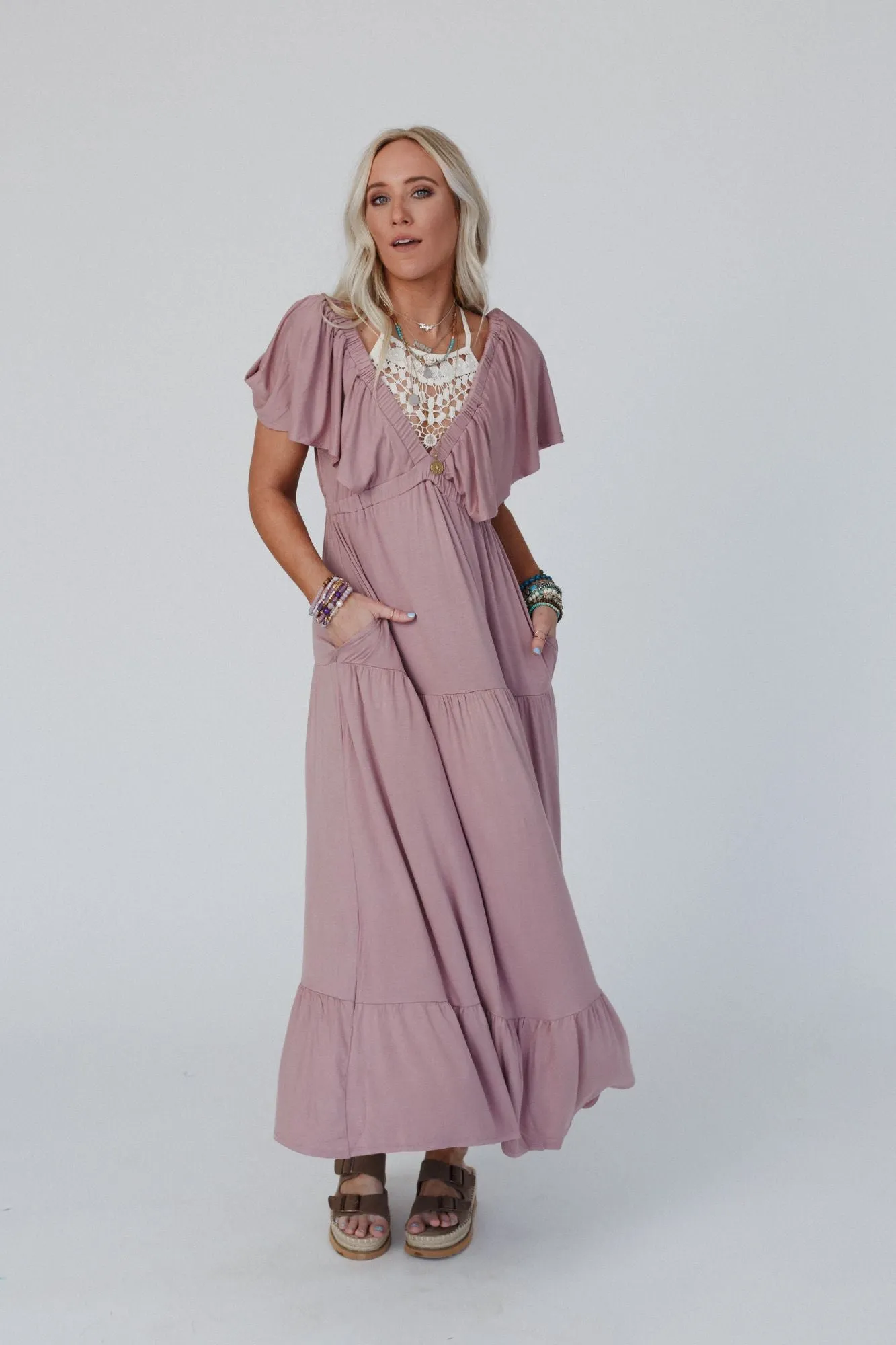 On Repeat Open Back Ruffle Maxi Dress - Mauve