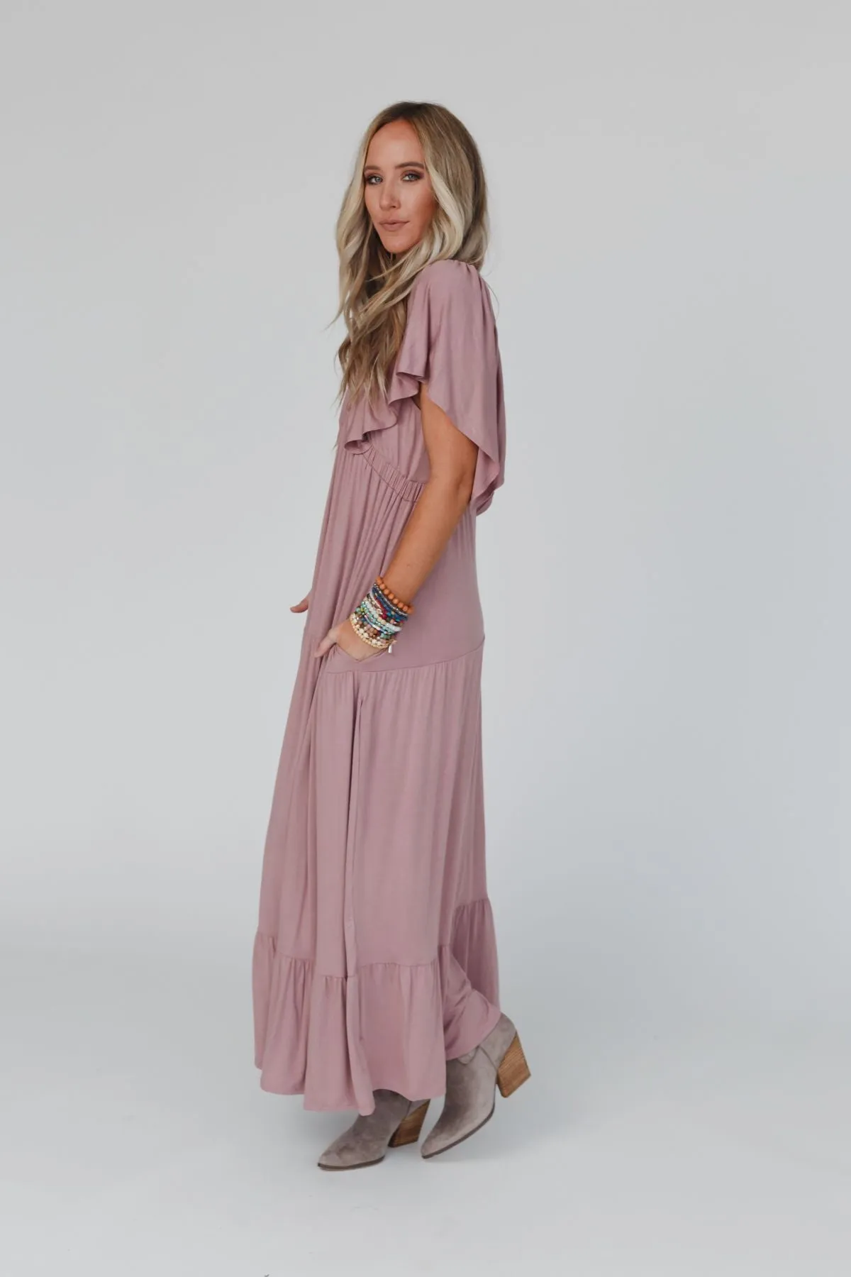 On Repeat Open Back Ruffle Maxi Dress - Mauve