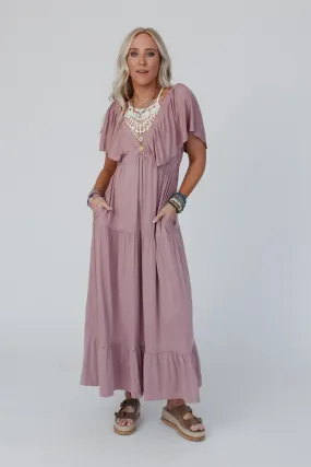 On Repeat Open Back Ruffle Maxi Dress - Mauve