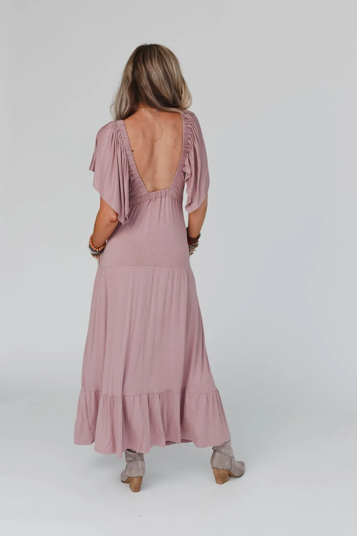 On Repeat Open Back Ruffle Maxi Dress - Mauve