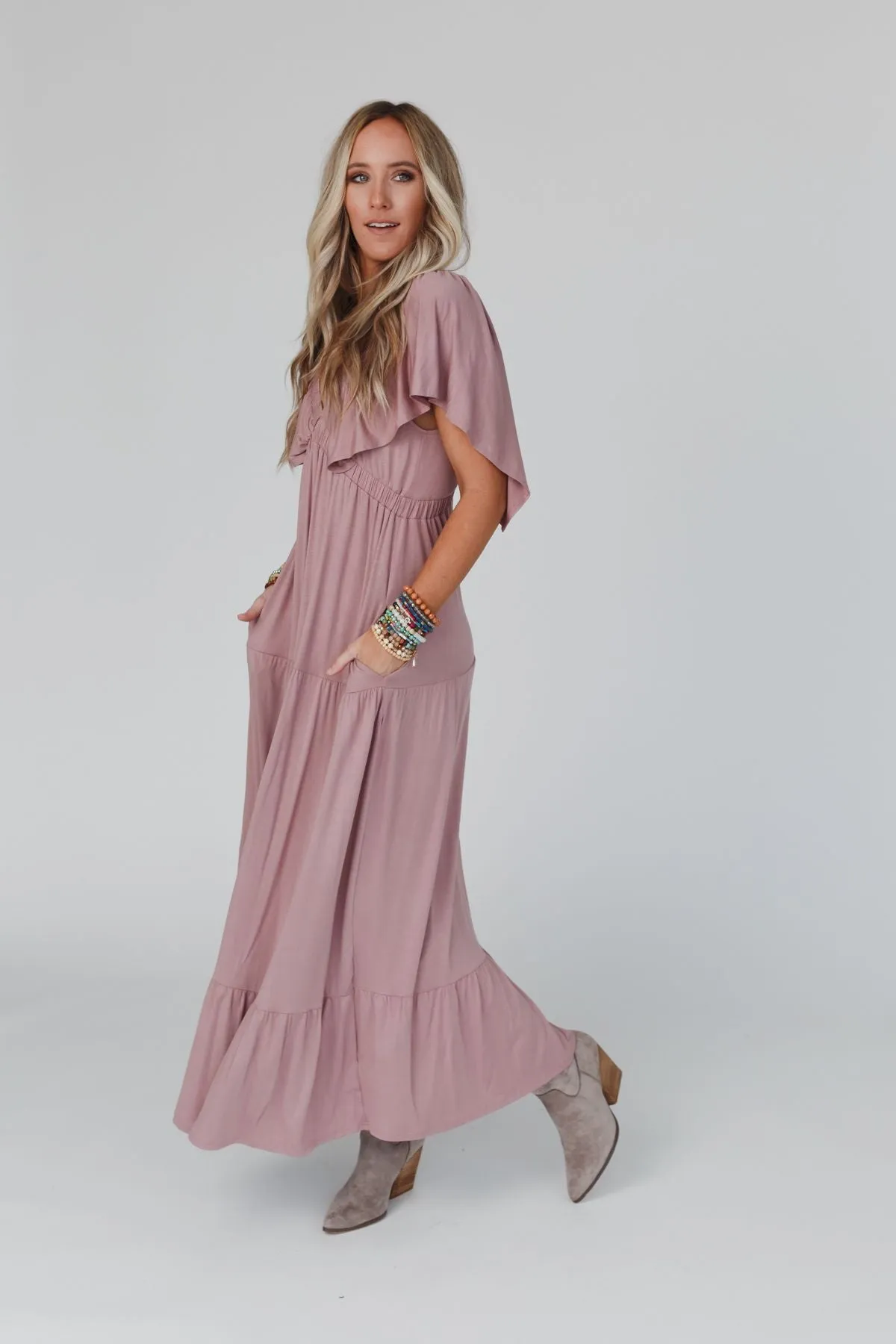 On Repeat Open Back Ruffle Maxi Dress - Mauve