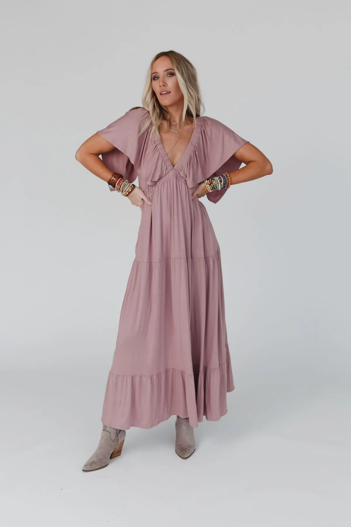 On Repeat Open Back Ruffle Maxi Dress - Mauve