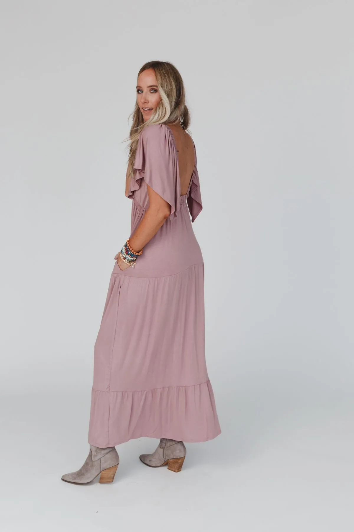 On Repeat Open Back Ruffle Maxi Dress - Mauve