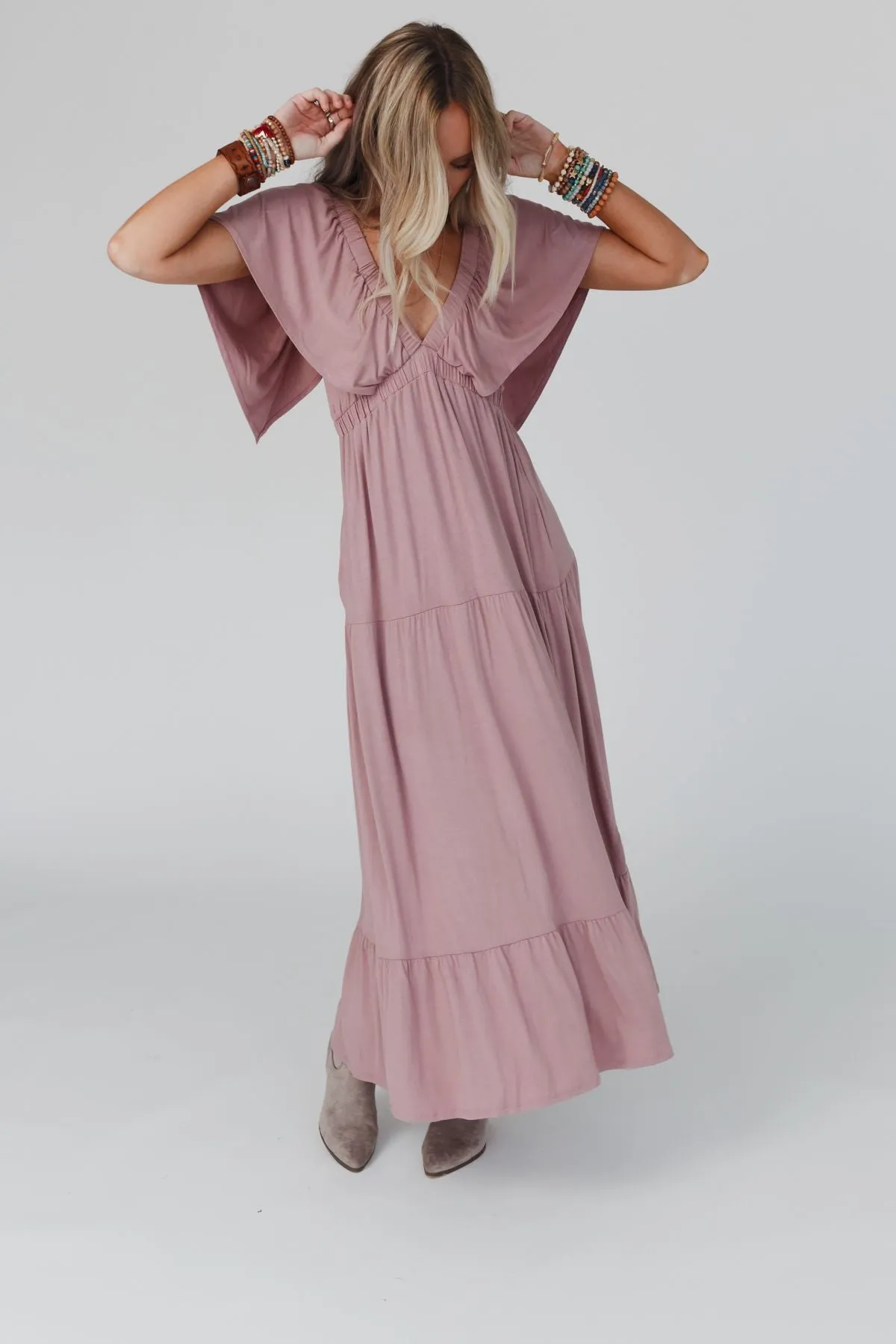 On Repeat Open Back Ruffle Maxi Dress - Mauve