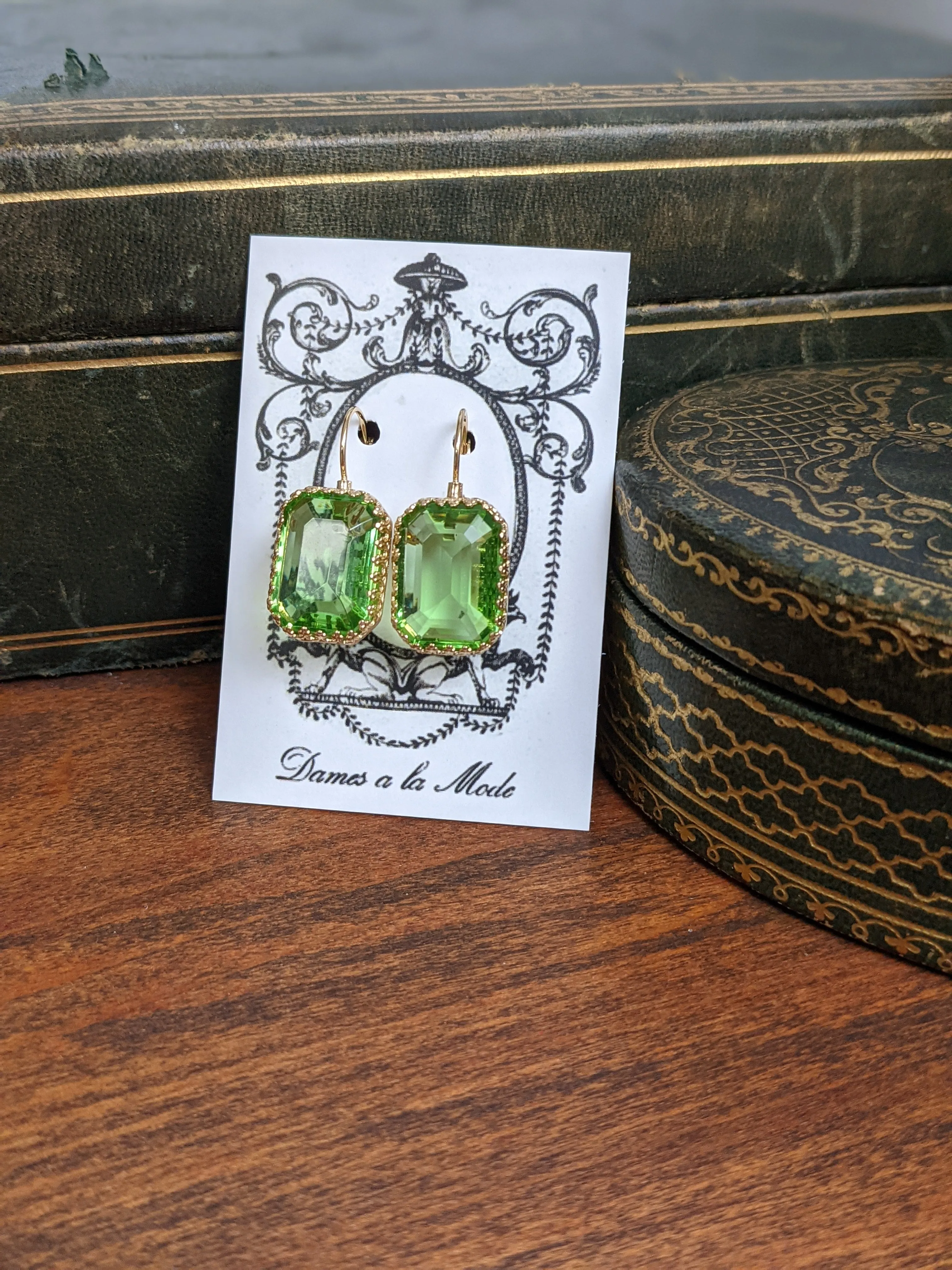 Peridot Green Swarovski Earrings - Large Octagon Crown