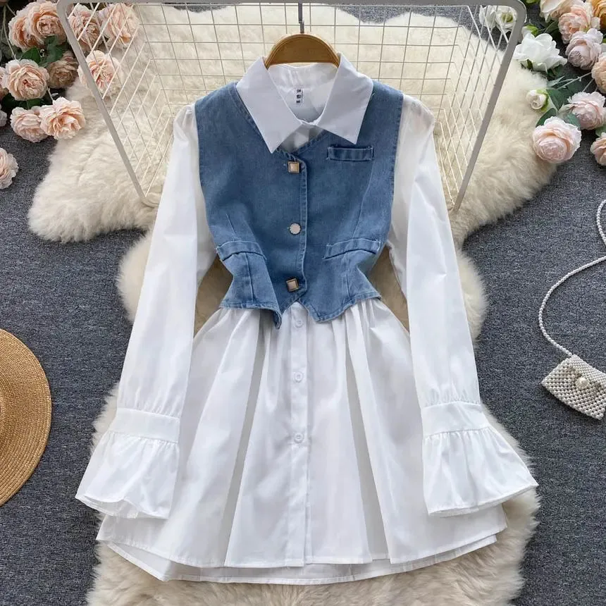 Set Of 2 : Long-Sleeve Lapel Dress   Sleeveless V-Neck Denim Top MK18947