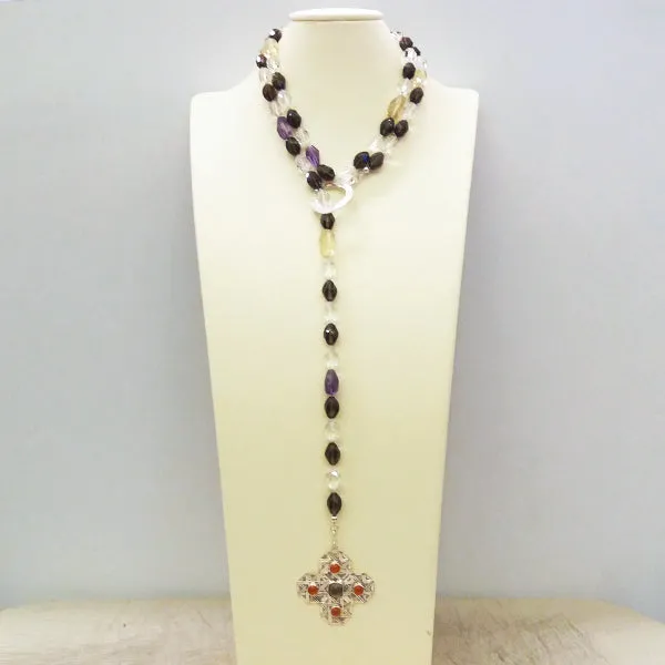 Smokey Quartz with Citrine, Rock Crystal, Amethyst Lariat Necklace with Carnelian and Smokey Quartz Solihiya Pendant